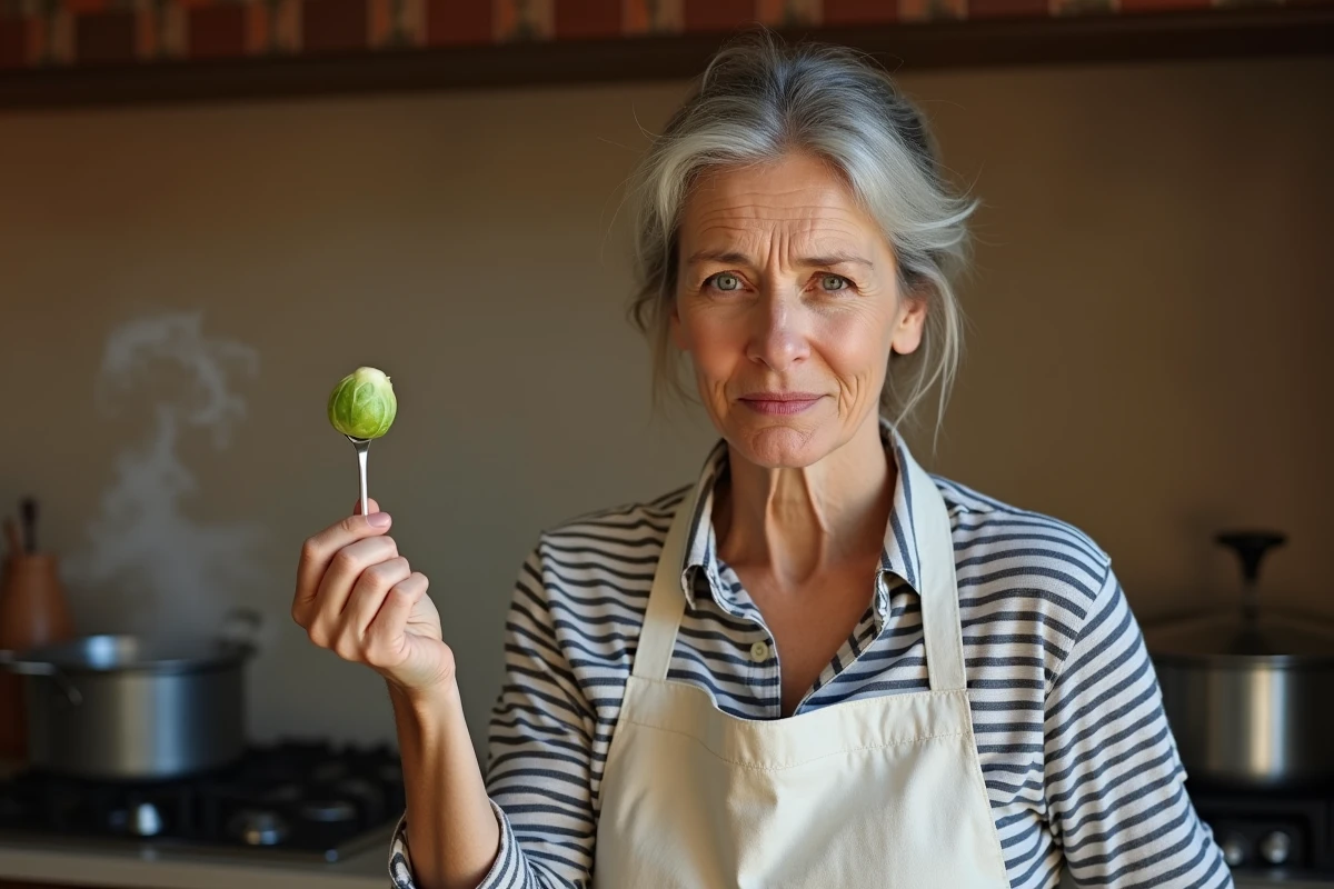 Femme française faisant la grimace face à un chou de Bruxelles dans sa cuisine, légume le moins populaire en France
