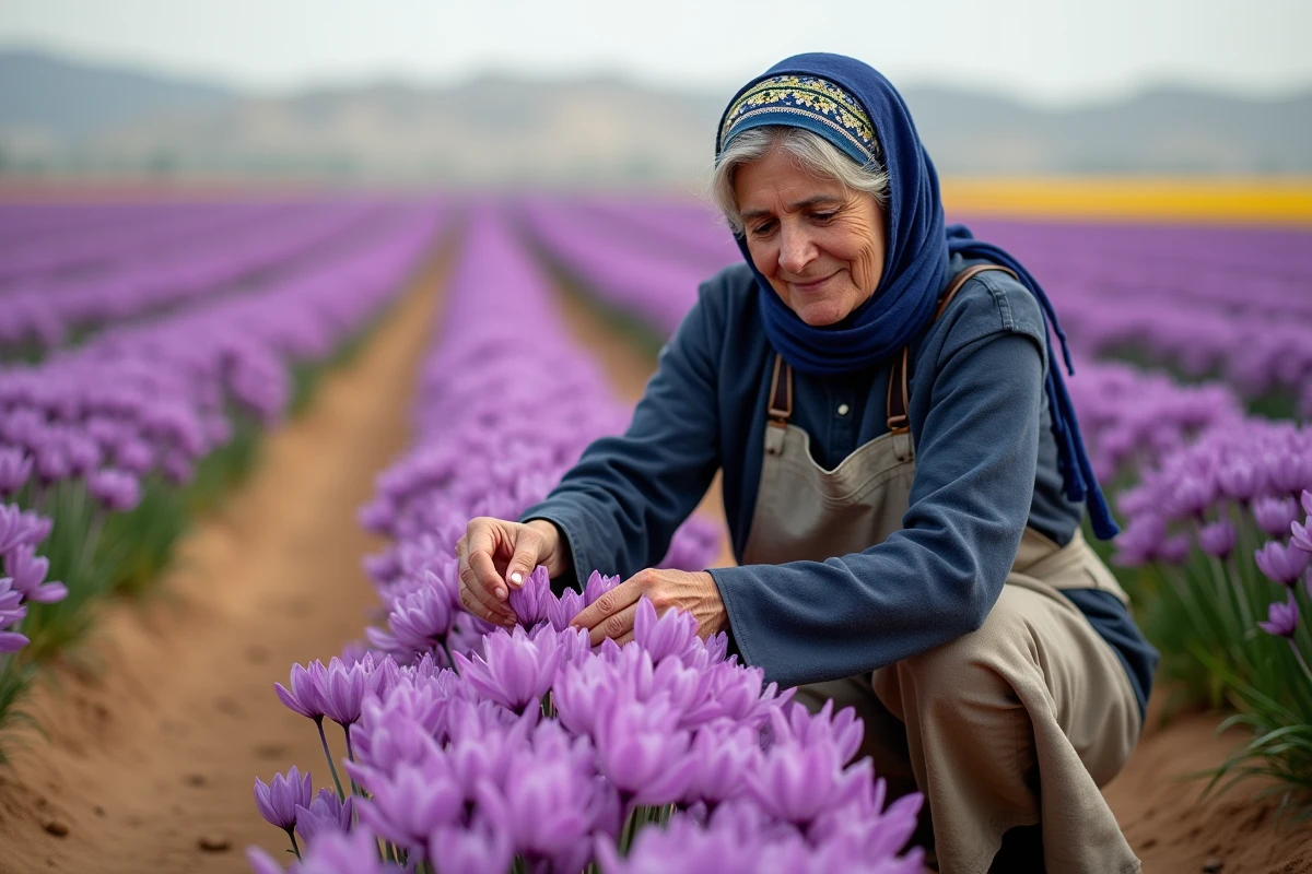 Femme iranienne récoltant à la main des fleurs de crocus à safran dans un champ en fleurs en Iran