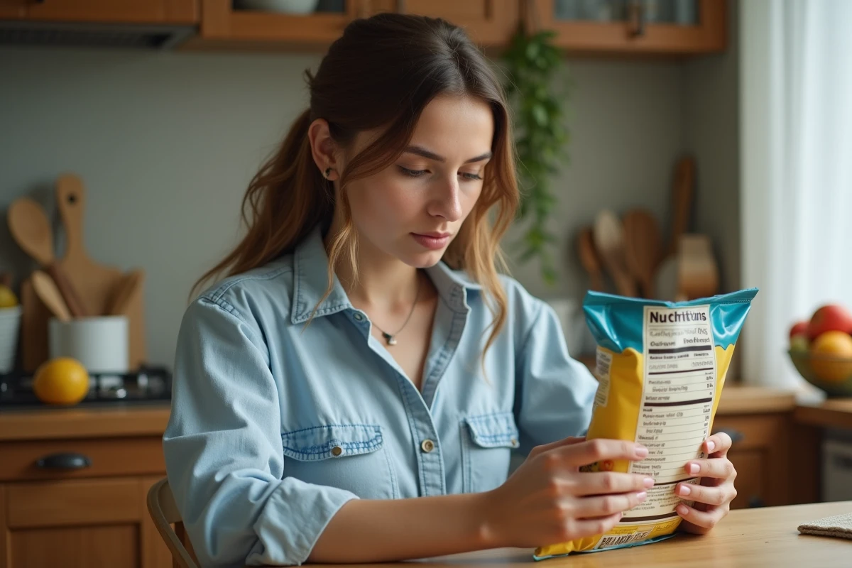 Jeune femme lisant les informations nutritionnelles au dos d'un paquet de chips dans une cuisine moderne