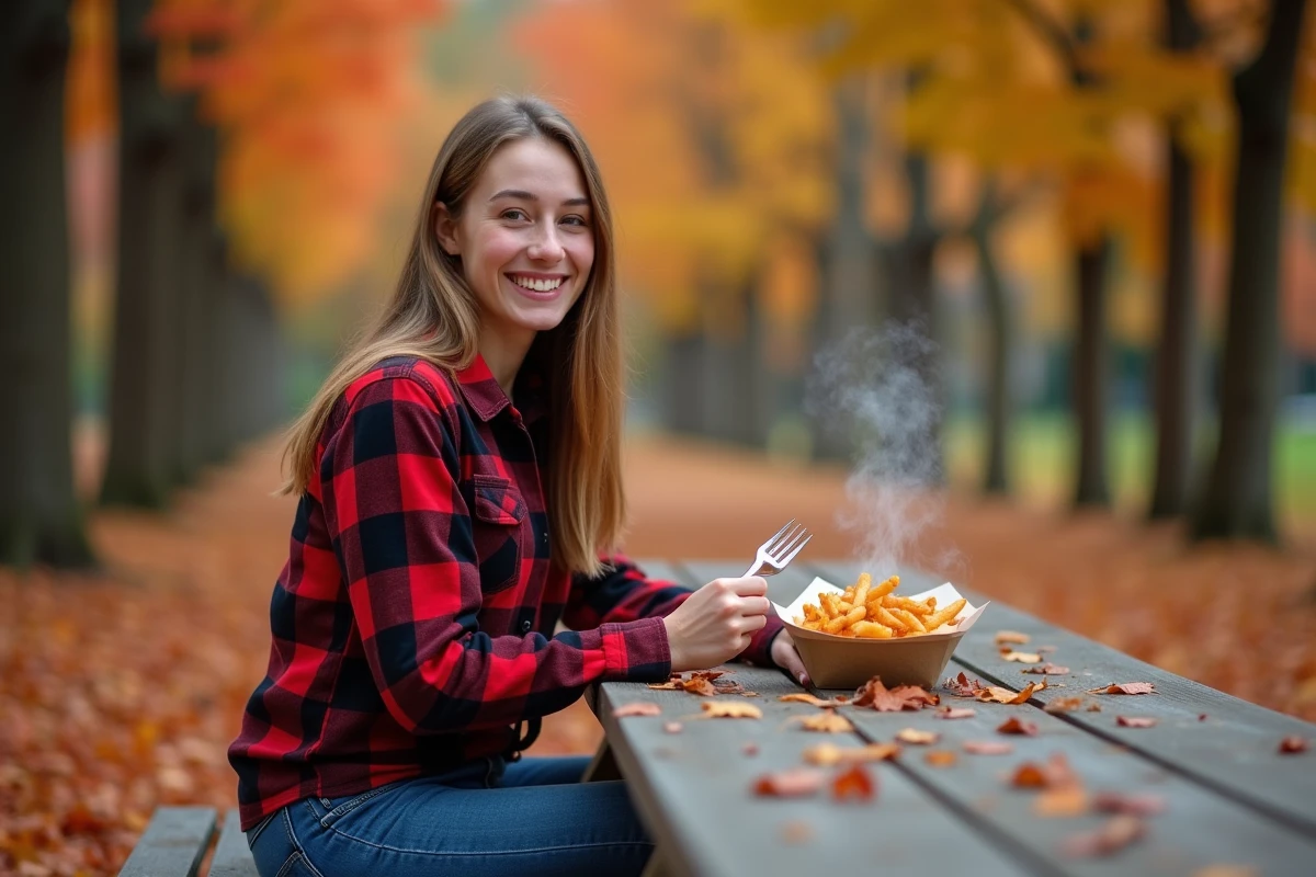 Jeune femme canadienne mangeant une poutine dans un parc d'automne au Québec entouré de feuilles d'érable colorées