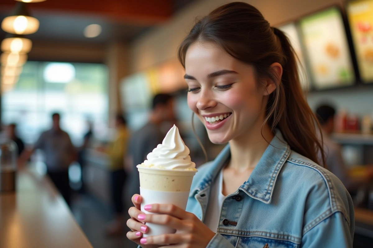 Jeune femme tenant un McFlurry McDonald's dans un restaurant fast-food en France