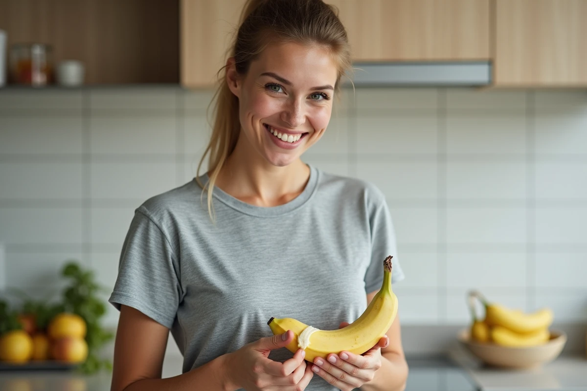 Femme préparant une banane dans une cuisine moderne dans le cadre d'un régime alimentaire à base de bananes