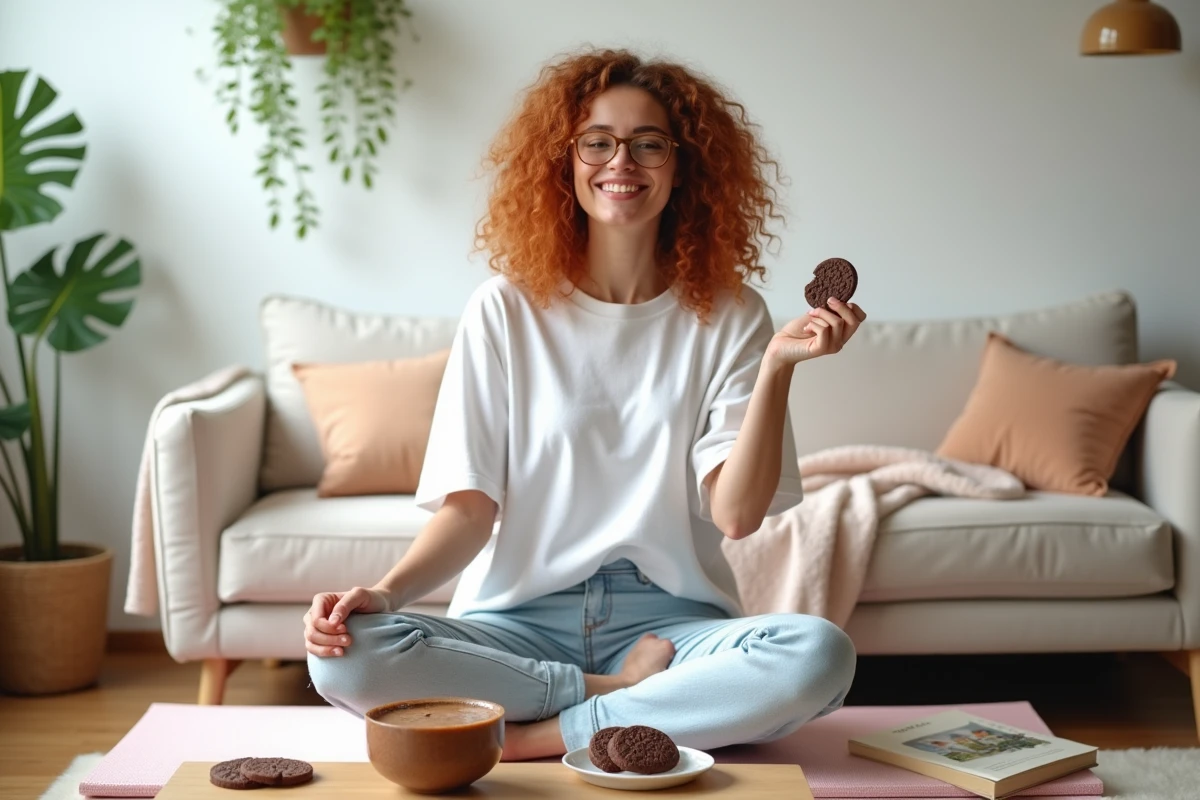 Jeune femme assise sur un tapis de yoga tenant un biscuit au chocolat noir devant une assiette portion-contrôle, illustrant l'équilibre entre plaisir sucré et mode de vie sain