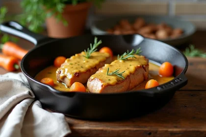 Filet mignon de porc en cocotte avec sauce moutarde à l'ancienne, carottes et thym, sur table en bois rustique