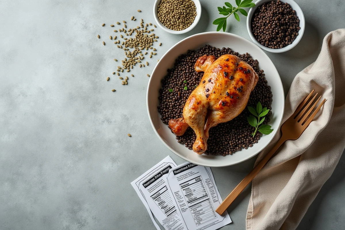 Flat lay éditorial de lentilles noires, poulet rôti et graines de chanvre comparant les apports en protéines