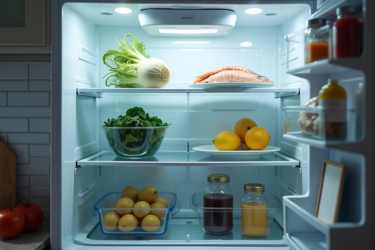 Intérieur d'un réfrigérateur avec filet de poisson blanc, légumes et restes pour préparer un repas express