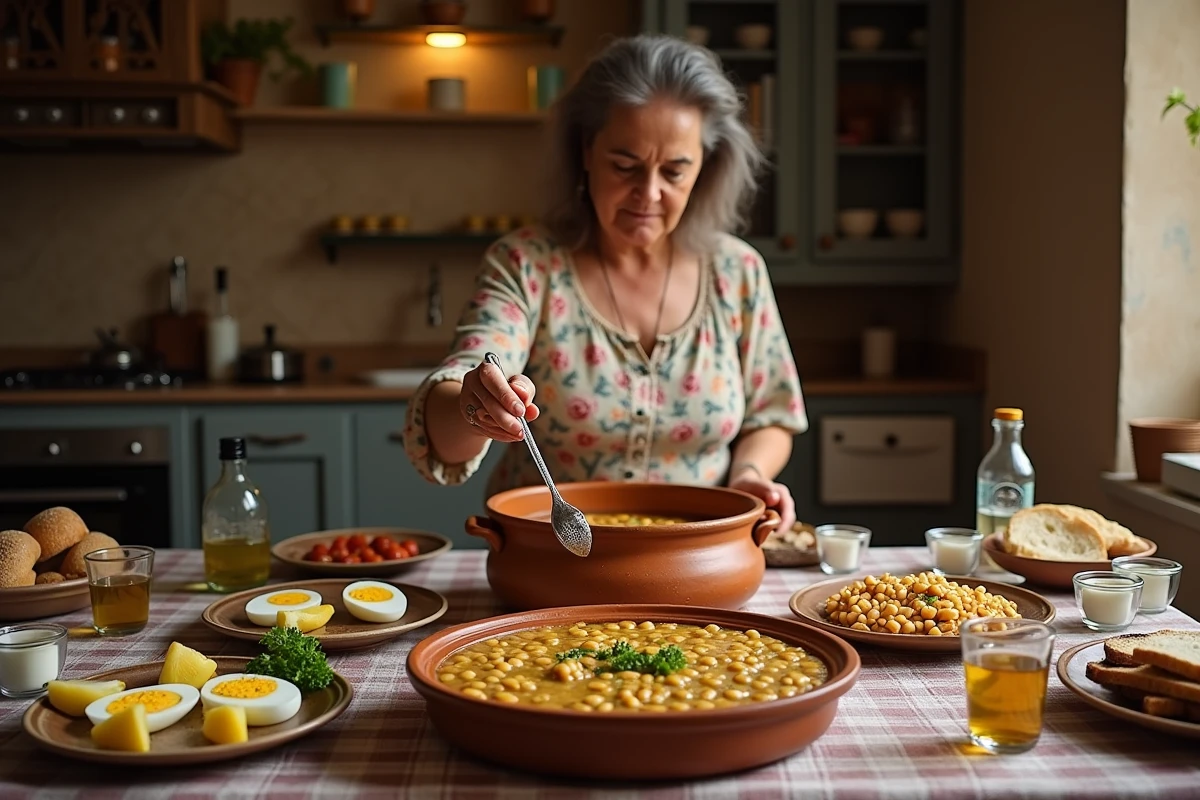 Petit-déjeuner égyptien traditionnel avec ful medames dans une cuisine familiale du Caire