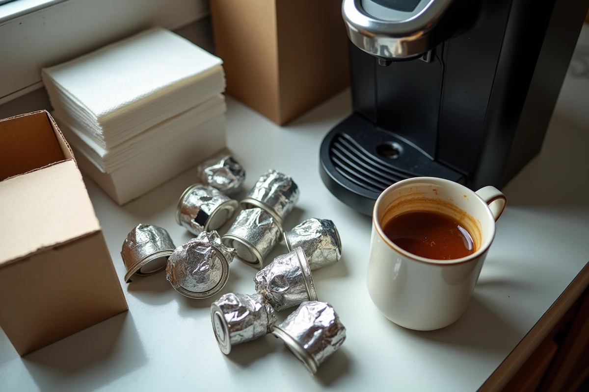 Comptoir de cuisine encombré avec des dosettes souples usagées éparpillées autour d'une cafetière, illustrant le gaspillage lié aux dosettes