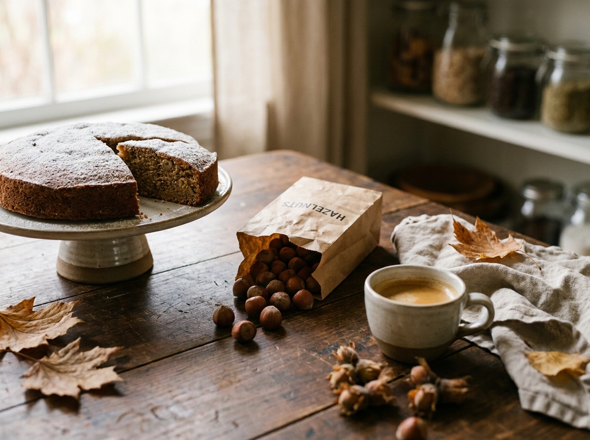 Gâteau aux noisettes tranché sur un présentoir en céramique entouré de noisettes en vrac et d'une tasse d'espresso sur une table en bois rustique