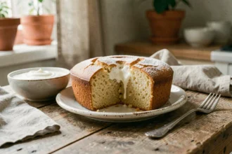 Gâteau au yaourt moelleux version légère tranché sur une assiette rustique avec une fourchette vintage et un bol de yaourt nature faible en gras