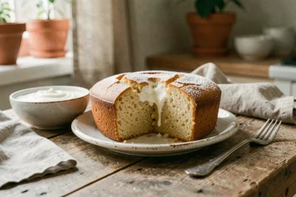 Gâteau au yaourt moelleux version légère tranché sur une assiette rustique avec une fourchette vintage et un bol de yaourt nature faible en gras