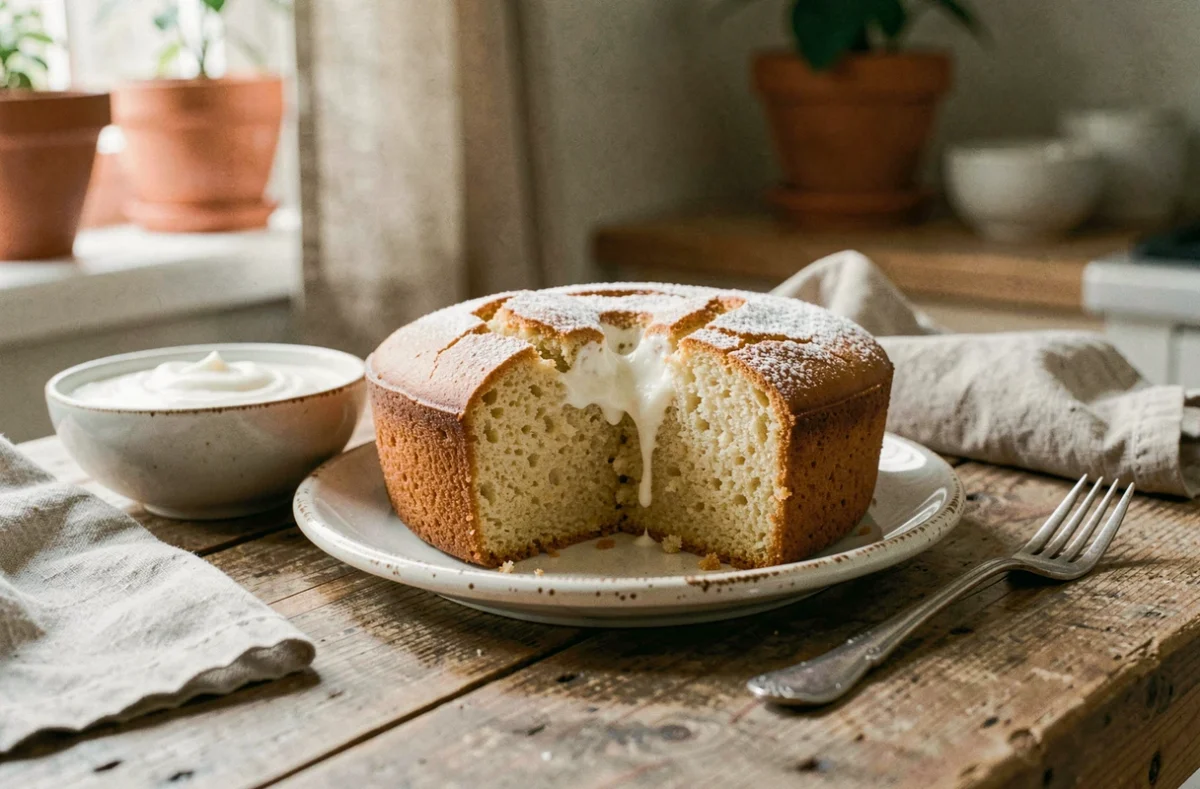 Gâteau au yaourt moelleux version légère tranché sur une assiette rustique avec une fourchette vintage et un bol de yaourt nature faible en gras