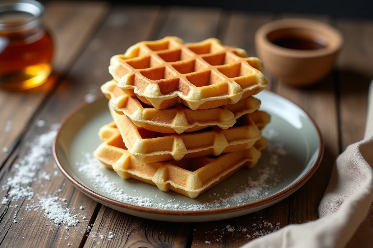 Gaufres croustillantes dorées empilées sur une assiette en céramique rustique avec du sirop d'érable, préparées la veille pour un petit-déjeuner zen