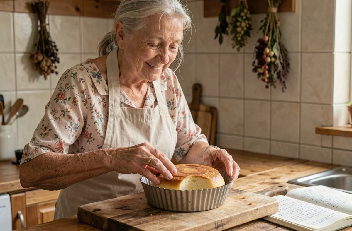Grand-mère démoulant un gâteau au yaourt moelleux doré sur une planche en bois dans une cuisine familiale chaleureuse