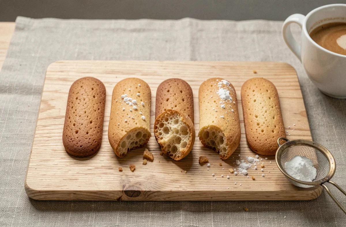 Gros plan de biscuits cuillère entiers et cassés sur une planche en bois avec un café expresso