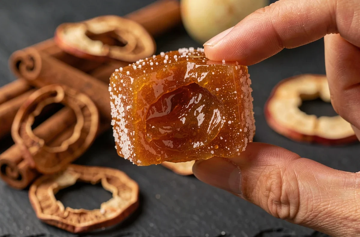 Gros plan sur une pâte de fruit à la pomme fondante coupée en deux révélant sa texture