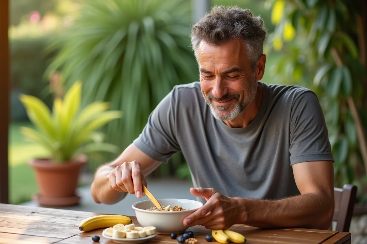 Homme préparant un bol de flocons d'avoine avec des tranches de banane au petit-déjeuner en terrasse
