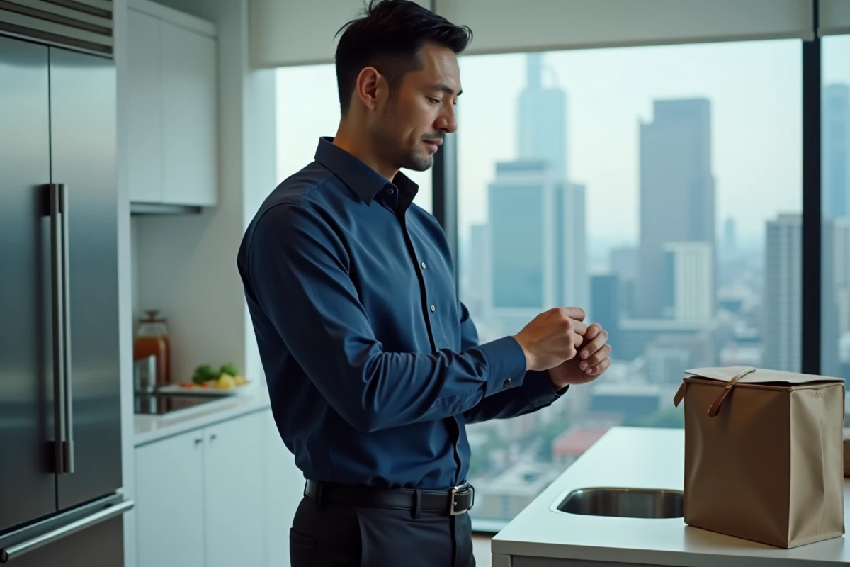 Homme en bureau regardant sa montre devant un repas non consommé, symbolisant le fait de sauter le déjeuner par manque de temps