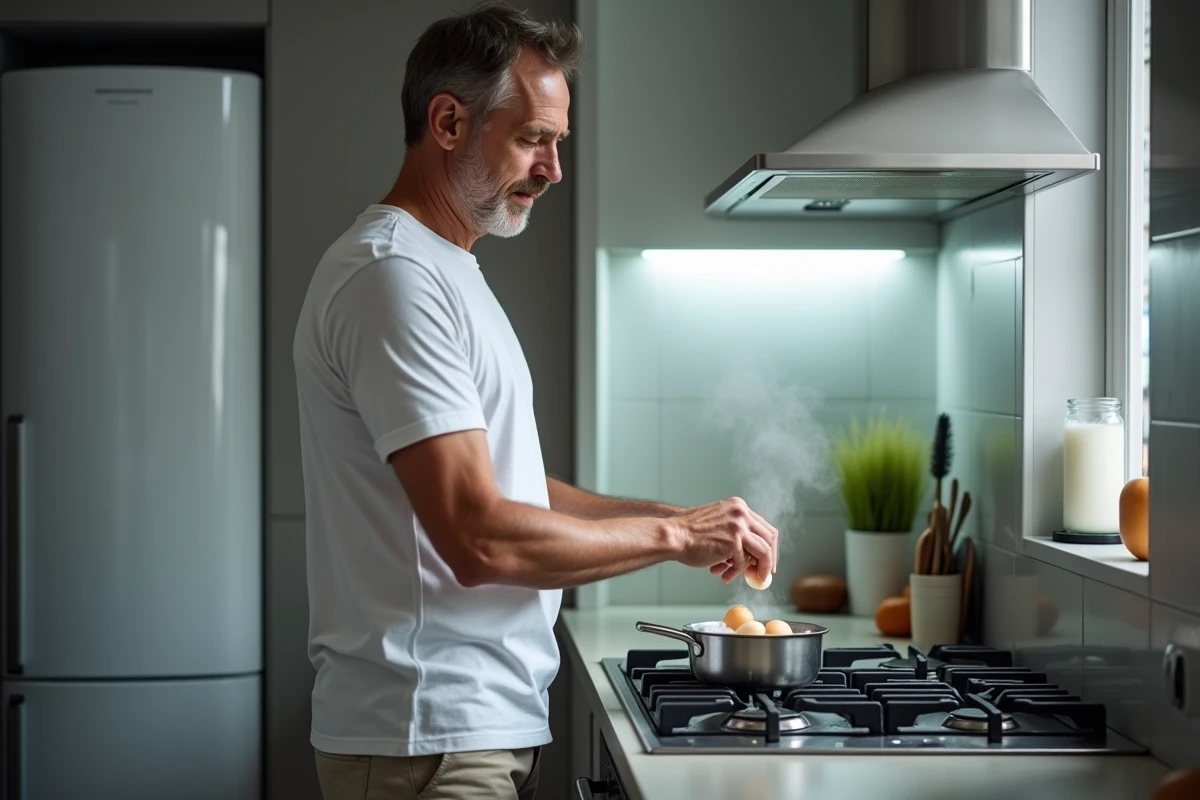 Homme épluchant un œuf dur cuit sur une cuisinière dans un appartement urbain moderne