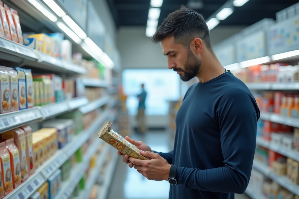 Homme lisant l'étiquette nutritionnelle d'un paquet de biscuits complets dans un supermarché, symbolisant une consommation consciente dans le cadre d'un régime équilibré