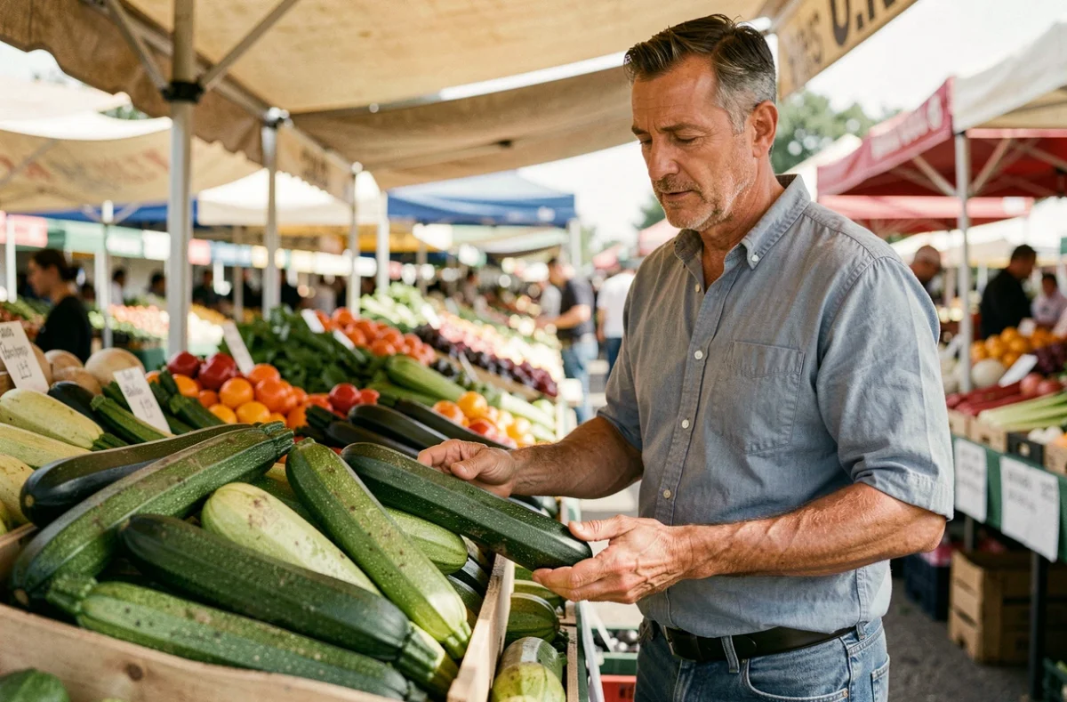 Homme choisissant des courgettes fraîches sur un étal de marché en plein air