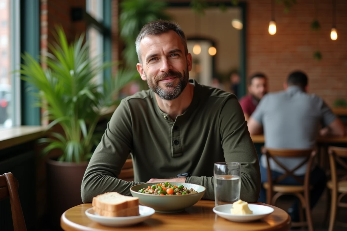 Homme végétarien attablé dans un café avec un repas à base de lentilles et un fromage, illustrant le choix entre végétalisme et végétarisme