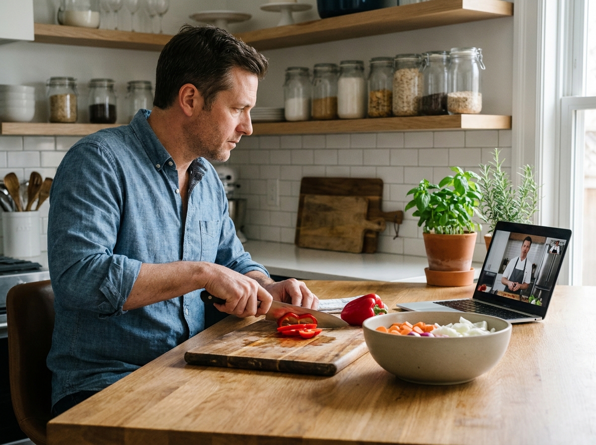 Homme apprenant à cuisiner grâce à un tutoriel vidéo en ligne sur ordinateur portable dans sa cuisine moderne
