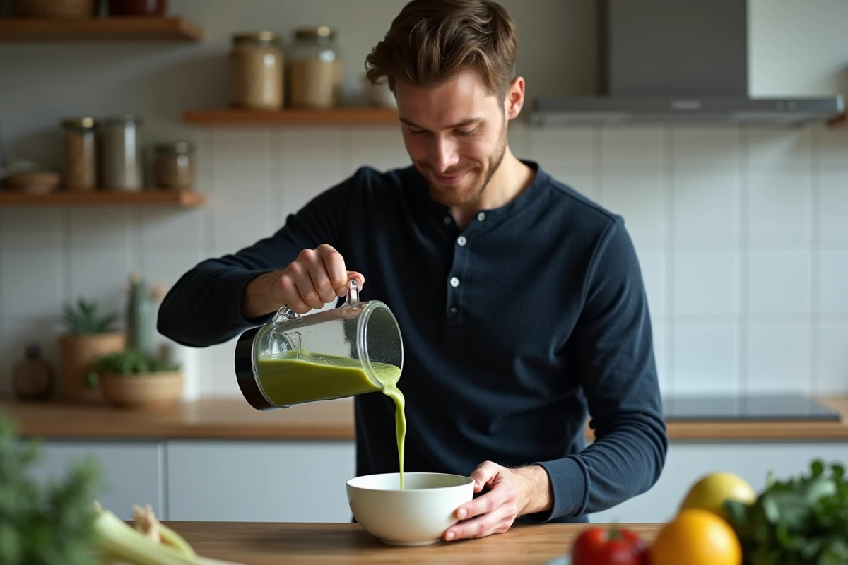 Homme versant une soupe poireaux pommes de terre verte et lisse depuis un blender dans un bol en céramique dans une cuisine minimaliste