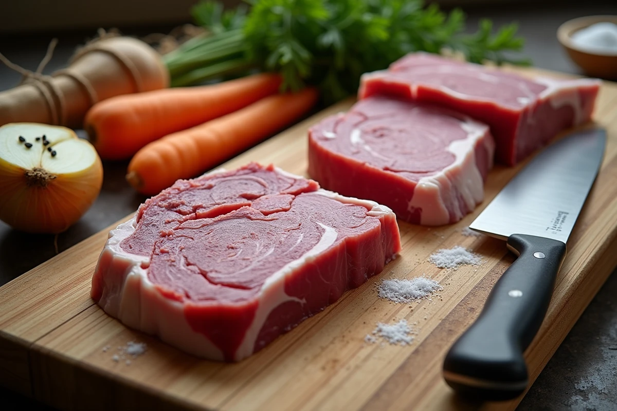 Morceaux de veau crus et ingrédients pour blanquette disposés sur une planche en bois, avec couteau de chef, bouquet garni et légumes préparés