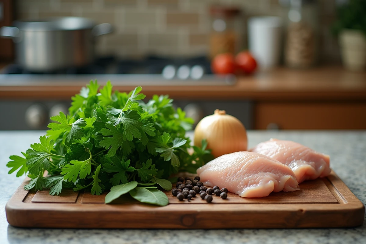 Ingrédients pour bouillon de poulet maison avec persil frais, poulet cru et épices sur planche en bois