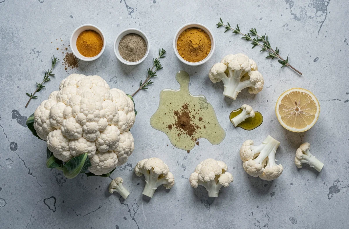 Ingrédients pour cuisiner le chou-fleur façon restaurant végétarien, vue de dessus avec épices et herbes fraîches