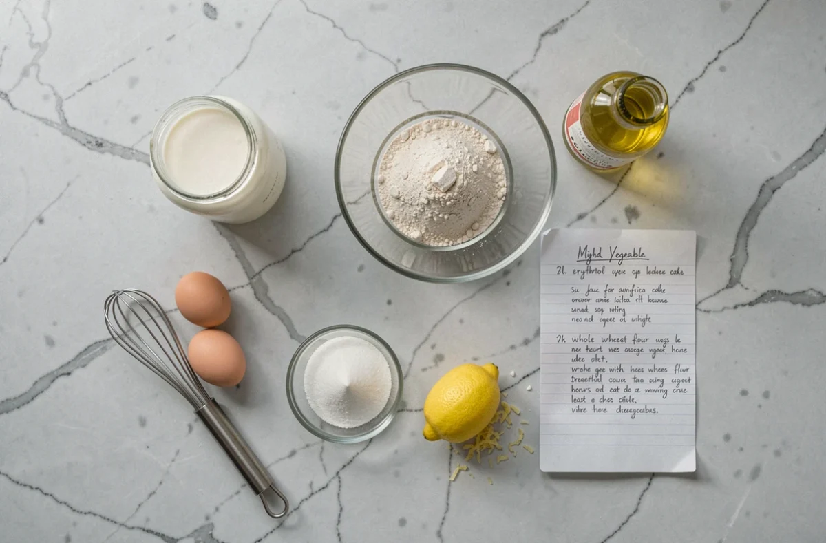 Vue aérienne des ingrédients pour un gâteau au yaourt version légère disposés sur un plan de travail en marbre avec une fiche recette manuscrite