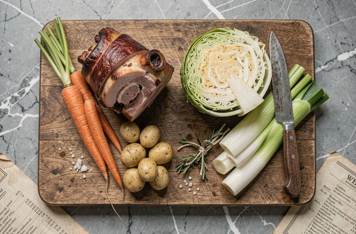 Ingrédients frais pour une potée rustique disposés sur une planche en chêne : jarret fumé, chou, carottes, pommes de terre et bouquet garni