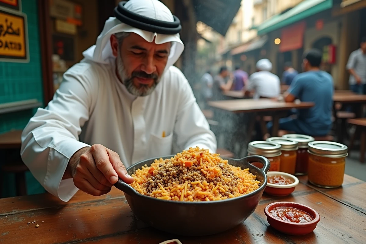 Bol de koshari égyptien traditionnel servi dans un restaurant de rue animé du Caire avec un homme local souriant