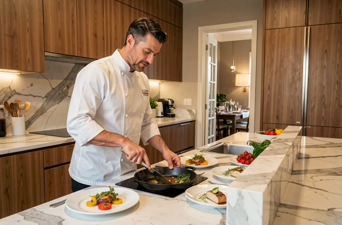 Chef Alexandre préparant un repas gastronomique à domicile pour un dîner privé