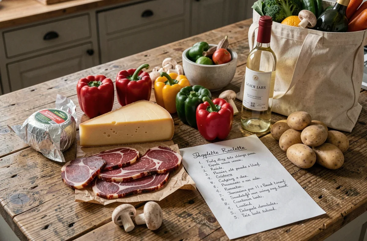 Liste de courses pour raclette 10 personnes étalée sur un comptoir de cuisine avec fromage et charcuterie