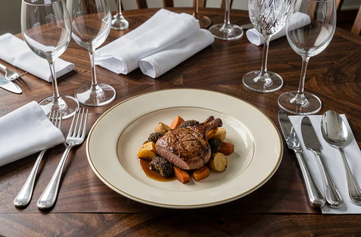 Table élégamment dressée et assiette gastronomique raffinée à Maison Chabran La Grande Table en Isère