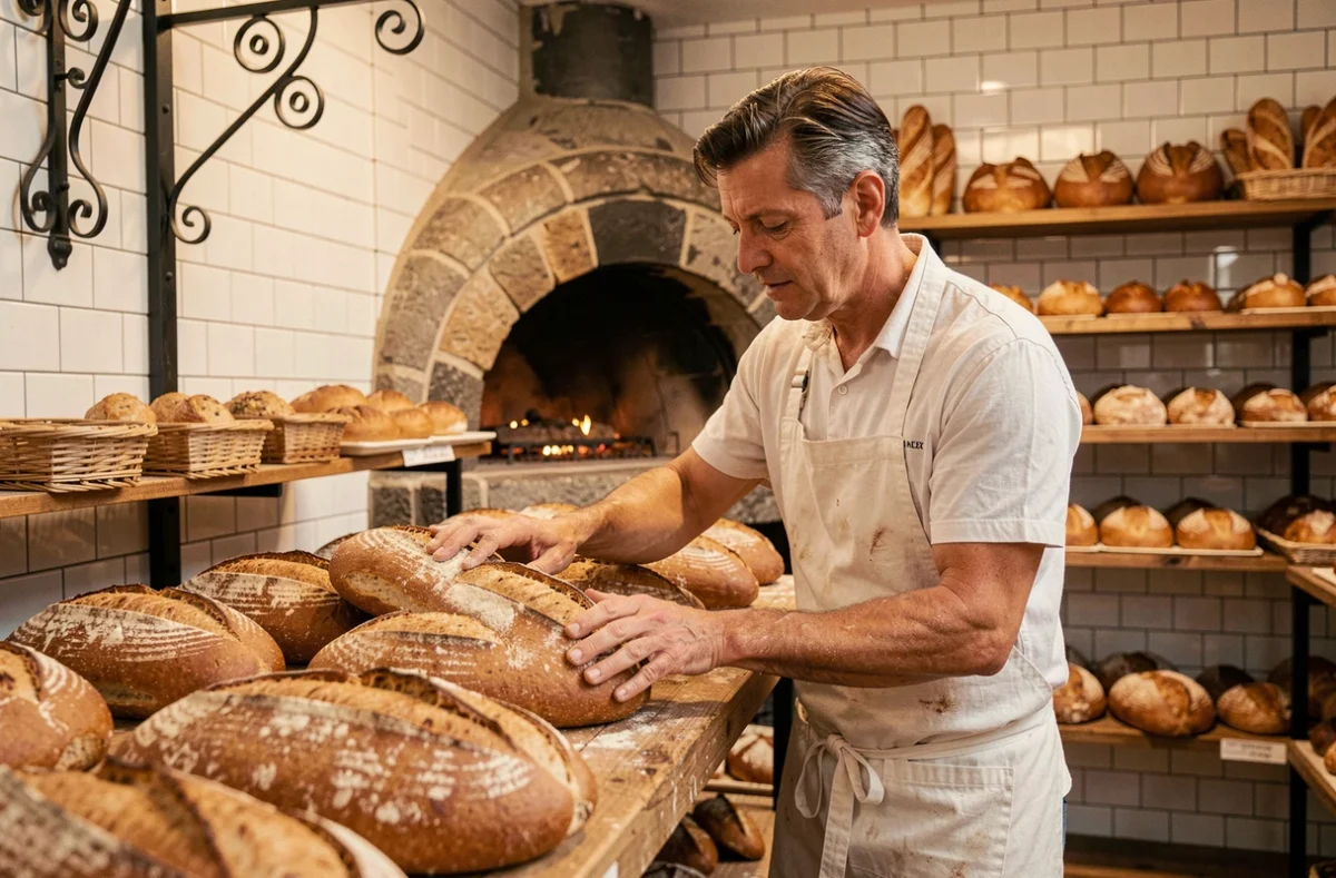 Boulanger arrangeant des miches de pain au levain dans la boulangerie Maison Orsoni à Marseille