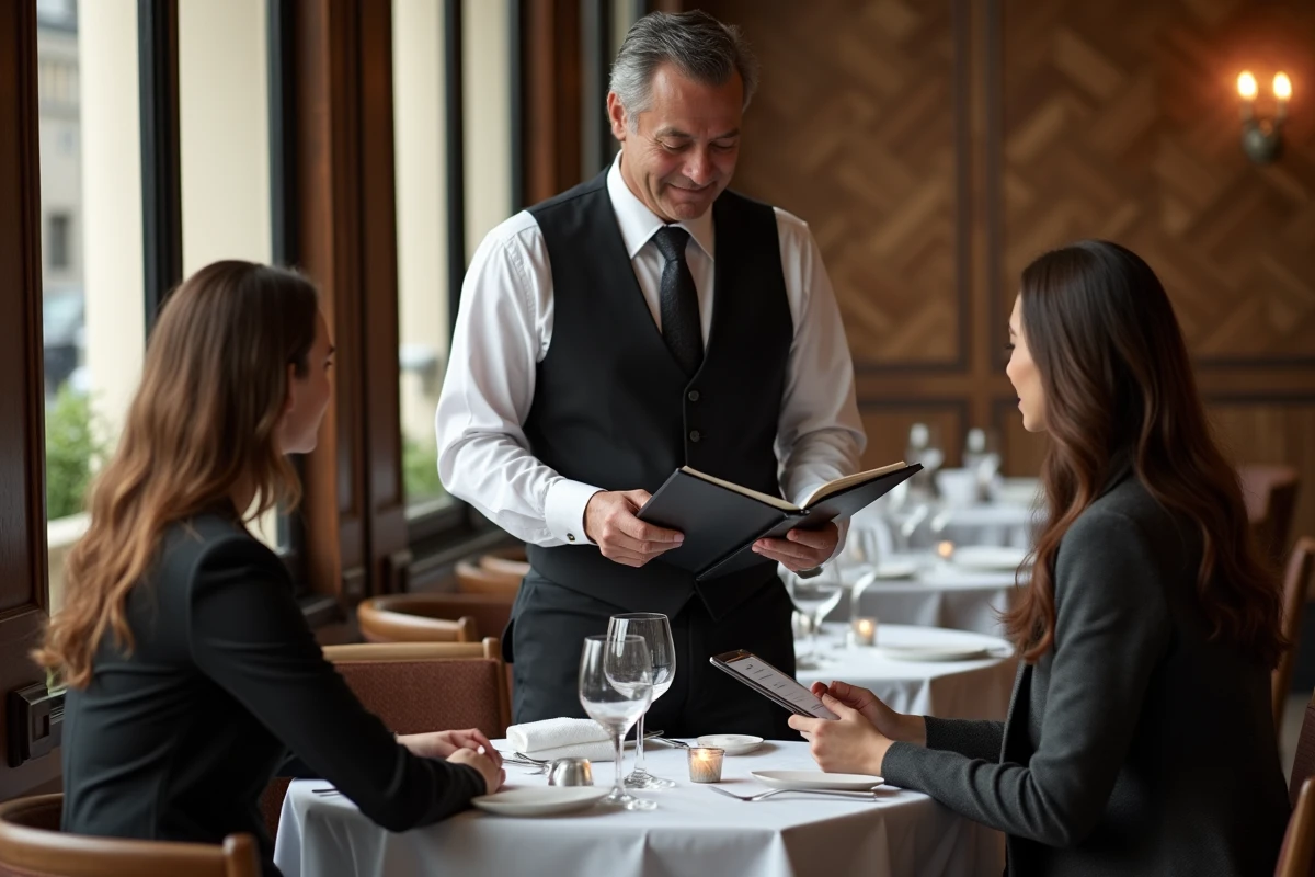 Maître d'hôtel présentant le menu à une cliente dans un restaurant parisien élégant