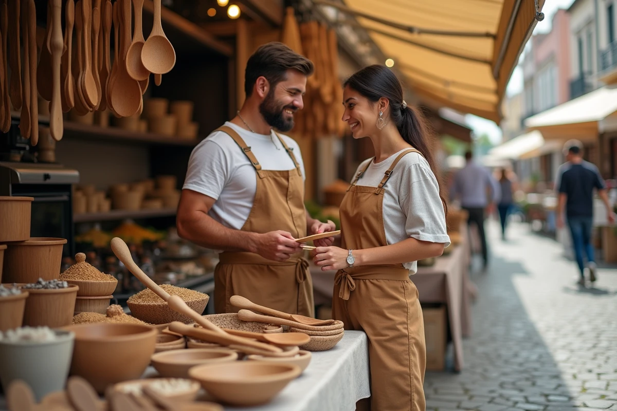 Couple faisant leurs achats d'ustensiles de cuisine dans un marché local en plein air