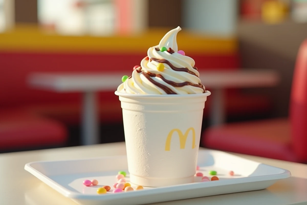 McFlurry McDonald's édition spéciale avec topping coloré sur un plateau de fast-food