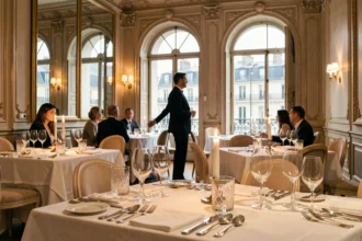 Salle de restaurant gastronomique étoilé parisien avec tables dressées et décor élégant