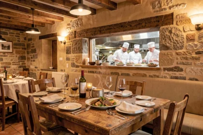 Vue d'ensemble d'une salle de restaurant gastronomique en Isère, avec table dressée et cuisine ouverte en arrière-plan
