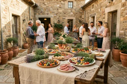 Table dressée pour un événement traiteur en Provence-Alpes-Côte d'Azur avec spécialités méditerranéennes