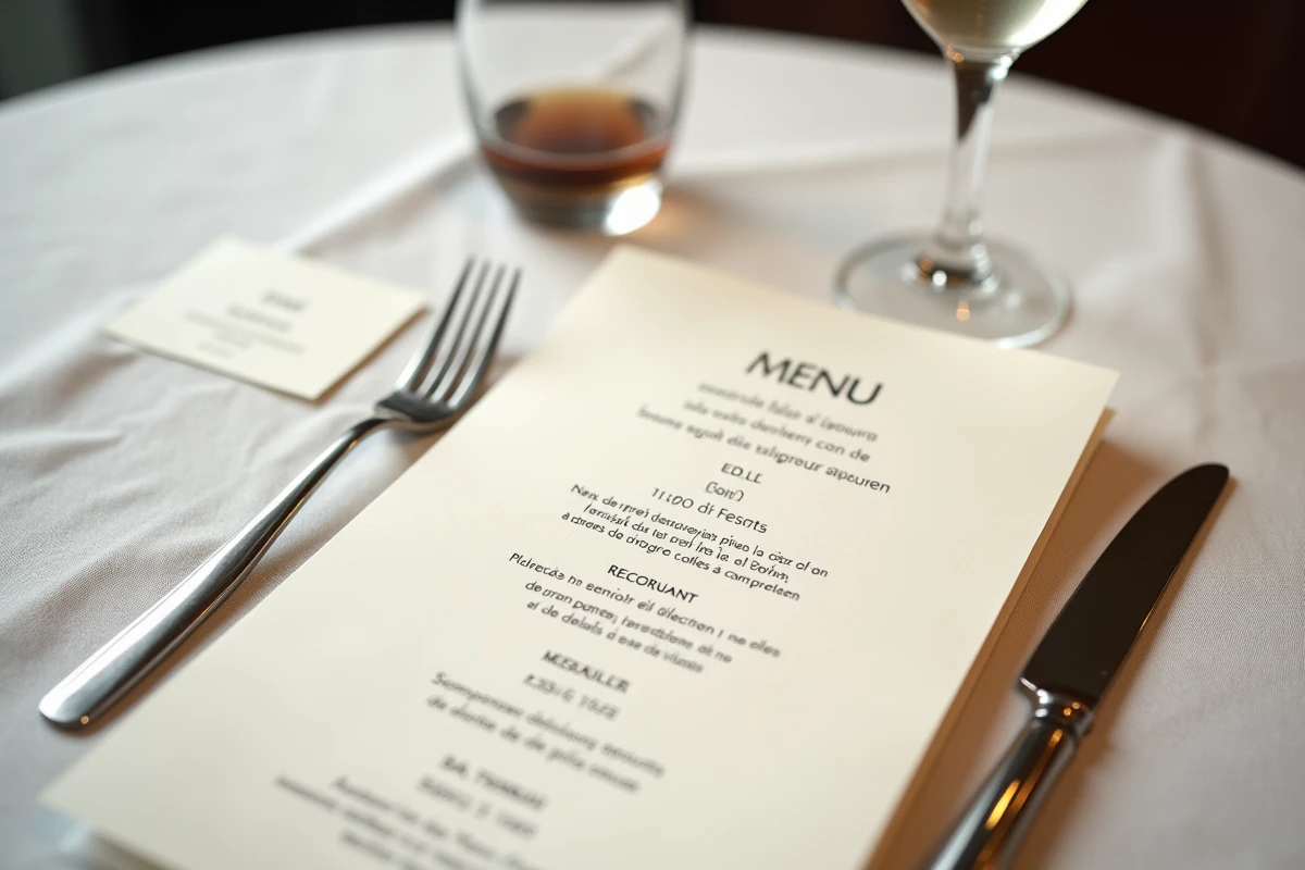 Menu gastronomique ouvert sur une nappe blanche dans un restaurant raffiné à Paris