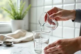 Mains versant de l'eau dans un bécher gradué de 100 ml sur un plan de travail en marbre blanc, vue de dessus en cuisine moderne