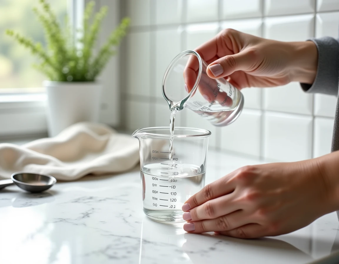 Mains versant de l'eau dans un bécher gradué de 100 ml sur un plan de travail en marbre blanc, vue de dessus en cuisine moderne