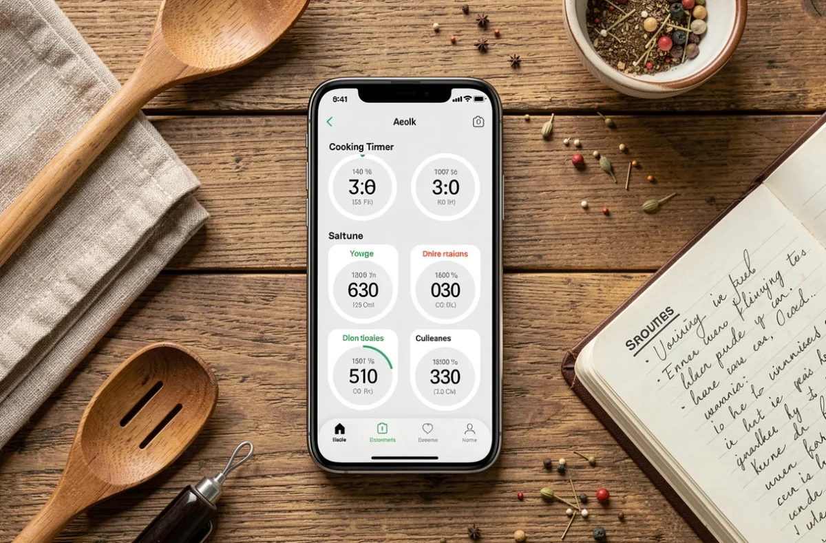 Vue aérienne d'un smartphone affichant un minuteur cuisson en ligne avec plusieurs temps paramétrés sur une table en bois