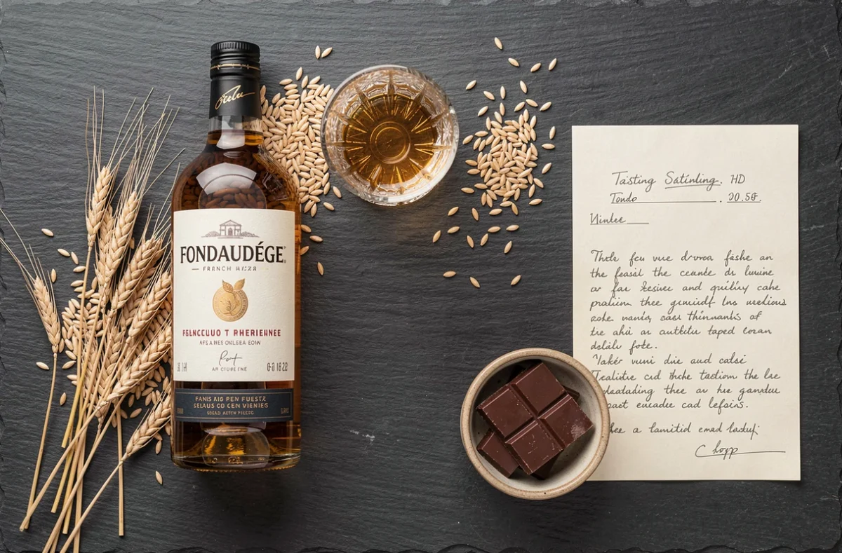 Mise en scène éditoriale du whisky Fondaudège avec grains d'orge, chocolat noir et fiche de dégustation sur ardoise