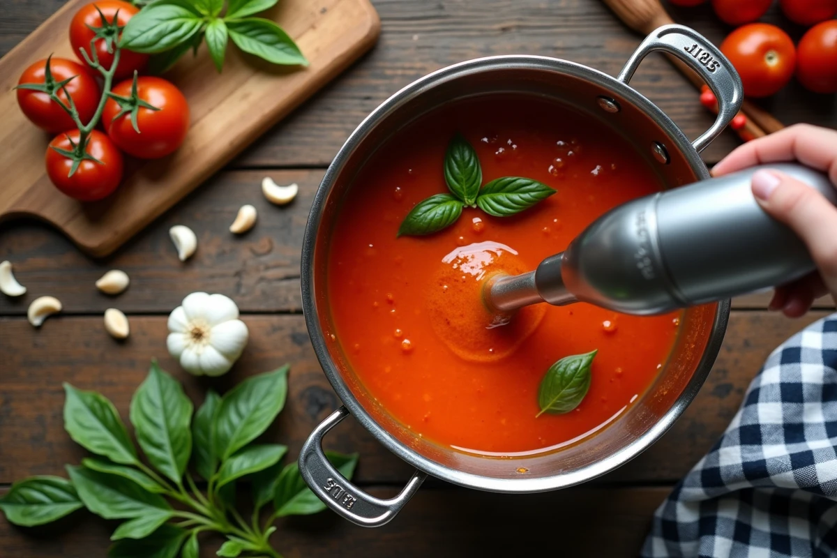 Mixeur plongeant utilisé dans une casserole de soupe à la tomate crémeuse avec feuilles de basilic frais dans une cuisine rustique